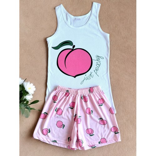 Pijama dama ieftina din bumbac formata din pantaloni scurti roz si maieu cu imprimeu JUST PEACHY