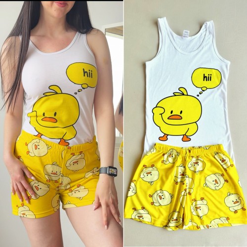 Pijama dama ieftina din bumbac formata din pantaloni scurti galbeni si maieu cu imprimeu RATUSCA