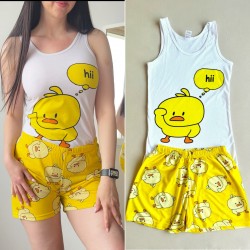 Pijama dama ieftina din bumbac formata din pantaloni scurti galbeni si maieu cu imprimeu RATUSCA