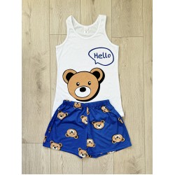 Pijama dama ieftina din bumbac formata din pantaloni scurti albastri si maieu cu imprimeu TOY