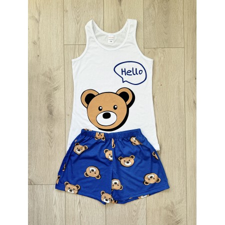 Pijama dama ieftina din bumbac formata din pantaloni scurti albastri si maieu cu imprimeu TOY