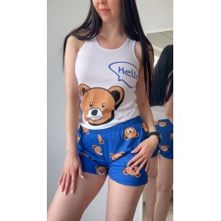 Pijama dama ieftina din bumbac formata din pantaloni scurti albastri si maieu cu imprimeu TOY