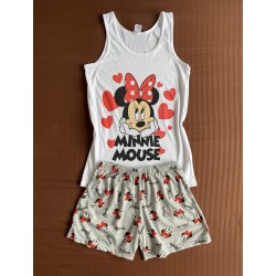 Pijama dama ieftina bumbac scurta cu maieu alb si pantaloni scurti draguti gri cu inimioare si cu imprimeu MINNIE happy