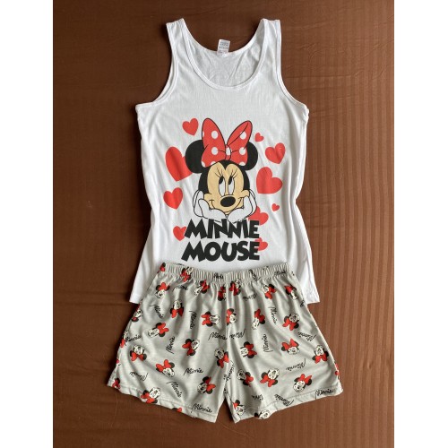 Pijama dama ieftina bumbac scurta cu maieu alb si pantaloni scurti draguti gri cu inimioare si cu imprimeu MINNIE happy