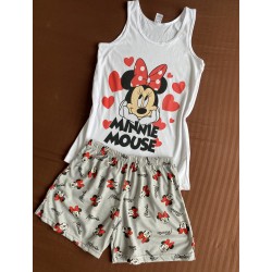 Pijama dama ieftina bumbac scurta cu maieu alb si pantaloni scurti draguti gri cu inimioare si cu imprimeu MINNIE happy