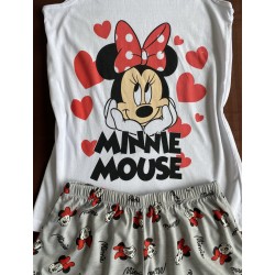 Pijama dama ieftina bumbac scurta cu maieu alb si pantaloni scurti draguti gri cu inimioare si cu imprimeu MINNIE happy