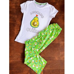 Pijama dama ieftina din bumbac cu pantaloni lungi verzi si tricou alb cu imprimeu minunat Avocado QUEEN
