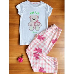 Pijama dama ieftina bumbac lunga cu pantaloni lungi roz si tricou alb cu imprimeu Pretty Good