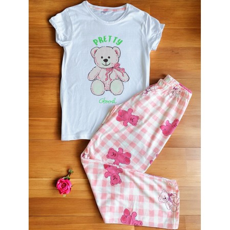 Pijama dama ieftina bumbac lunga cu pantaloni lungi roz si tricou alb cu imprimeu Pretty Good
