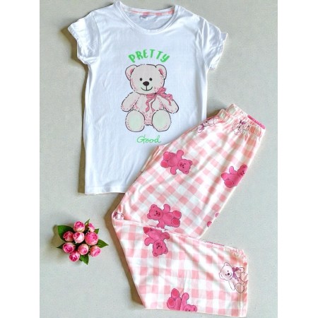 Pijama dama ieftina bumbac lunga cu pantaloni lungi roz si tricou alb cu imprimeu Pretty Good