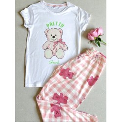 Pijama dama ieftina bumbac lunga cu pantaloni lungi roz si tricou alb cu imprimeu Pretty Good