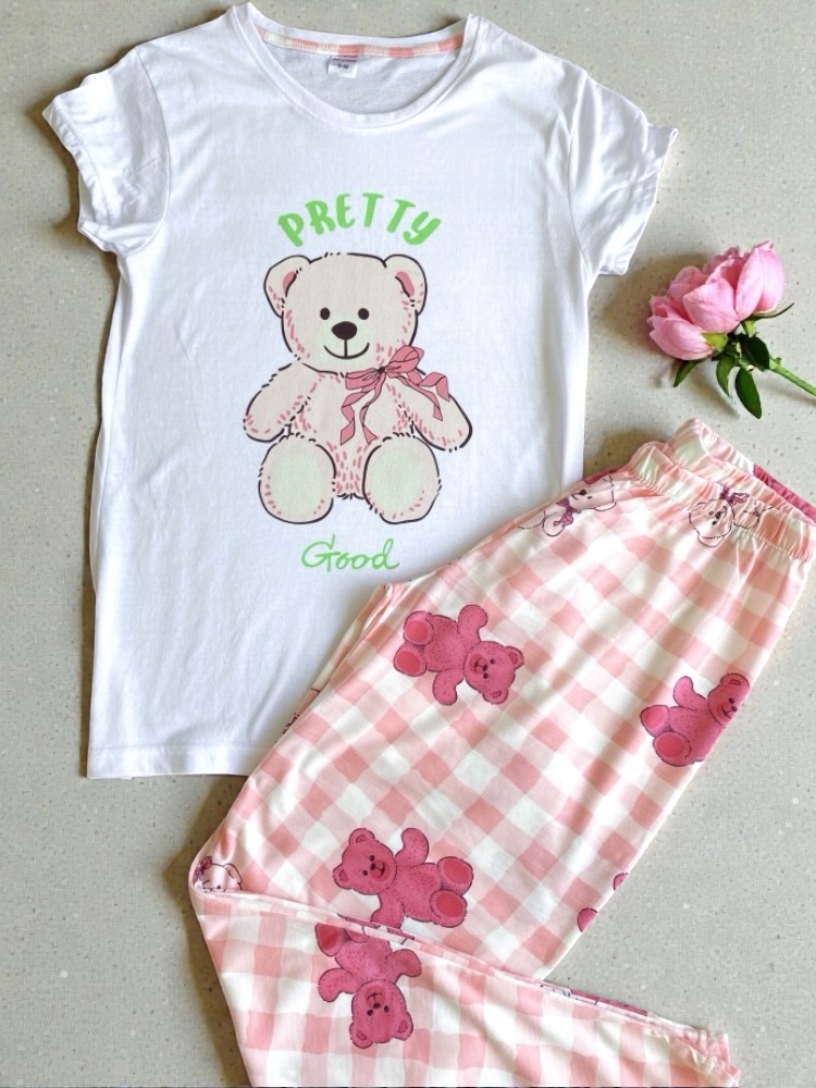 Pijama dama ieftina bumbac lunga cu pantaloni lungi roz si tricou alb cu imprimeu Pretty Good