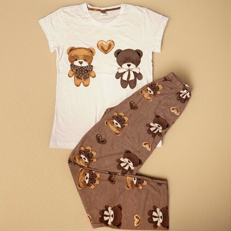 Pijama dama ieftina bumbac lunga cu pantaloni lungi maro si tricou alb cu imprimeu CUTE BEARS