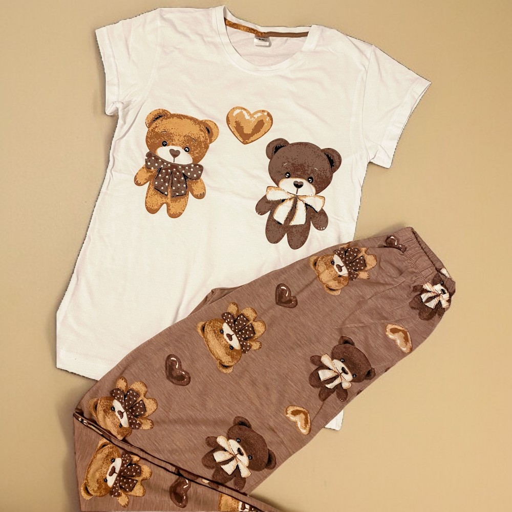 Pijama dama ieftina bumbac lunga cu pantaloni lungi maro si tricou alb cu imprimeu CUTE BEARS