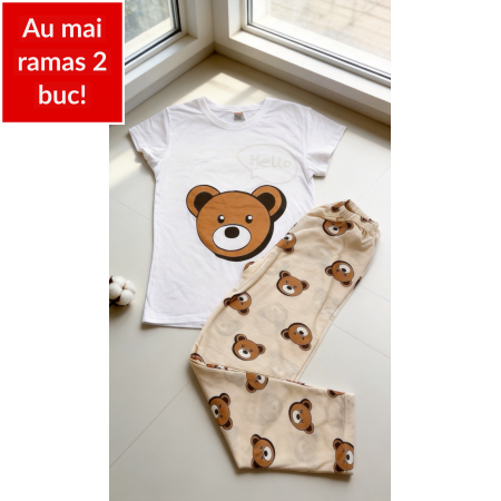 Pijama dama ieftina din bumbac cu pantaloni lungi maro si tricou alb cu imprimeu superb TOY