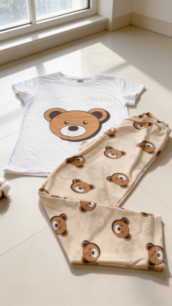 Pijama dama ieftina din bumbac cu pantaloni lungi maro si tricou alb cu imprimeu superb TOY