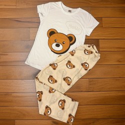 Pijama dama ieftina din bumbac cu pantaloni lungi maro si tricou alb cu imprimeu superb TOY