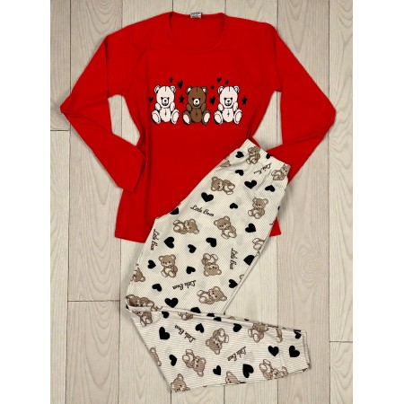 Pijama dama ieftina din bumbac cu pantaloni lungi si bluza rosie cu imprimeu ursuleti inimioare