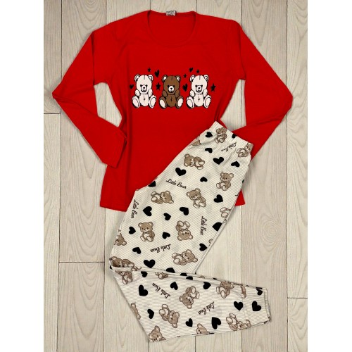 Pijama dama ieftina din bumbac cu pantaloni lungi si bluza rosie cu imprimeu ursuleti inimioare