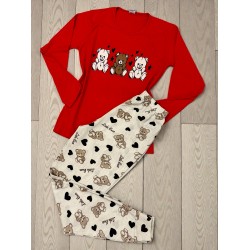 Pijama dama ieftina din bumbac cu pantaloni lungi si bluza rosie cu imprimeu ursuleti inimioare