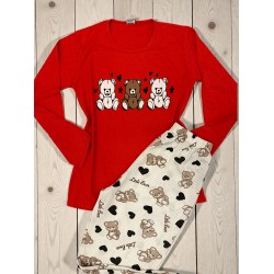Pijama dama ieftina din bumbac cu pantaloni lungi si bluza rosie cu imprimeu ursuleti inimioare