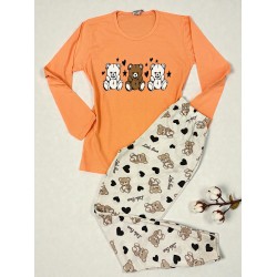 Pijama dama ieftina din bumbac cu pantaloni lungi si bluza portocalie cu imprimeu ursuleti inimioare