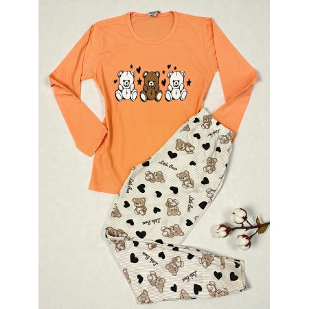 Pijama dama ieftina din bumbac cu pantaloni lungi si bluza portocalie cu imprimeu ursuleti inimioare