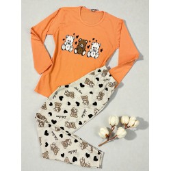 Pijama dama ieftina din bumbac cu pantaloni lungi si bluza portocalie cu imprimeu ursuleti inimioare