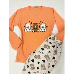 Pijama dama ieftina din bumbac cu pantaloni lungi si bluza portocalie cu imprimeu ursuleti inimioare