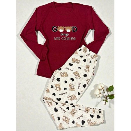 Pijama dama ieftina din bumbac cu pantaloni lungi si bluza grena cu imprimeu Good things are coming