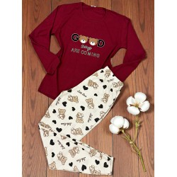 Pijama dama ieftina din bumbac cu pantaloni lungi si bluza grena cu imprimeu Good things are coming