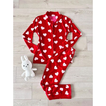 Pijama dama ieftina rosie din bumbac, pufoasa, cu pantaloni lungi si bluza cu imprimeu inimioare delicioase