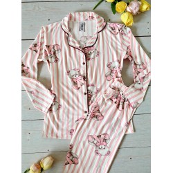 Pijama dama ieftina din bumbac, cu pantaloni lungi si bluza cu imprimeu dungi roz si ursuleti