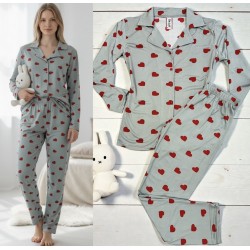 Pijama dama ieftina bumbac si lycra lunga cu bluza gri si pantaloni lungi gri cu imprimeu inimioare rosii