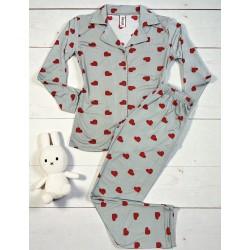 Pijama dama ieftina bumbac si lycra lunga cu bluza gri si pantaloni lungi gri cu imprimeu inimioare rosii