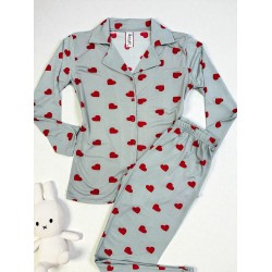 Pijama dama ieftina bumbac si lycra lunga cu bluza gri si pantaloni lungi gri cu imprimeu inimioare rosii