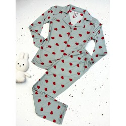 Pijama dama ieftina bumbac si lycra lunga cu bluza gri si pantaloni lungi gri cu imprimeu inimioare rosii