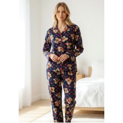 Pijama dama ieftina bumbac pufoasa lunga cu bluza bleumarin si pantaloni lungi cu imprimeu ursuleti buline