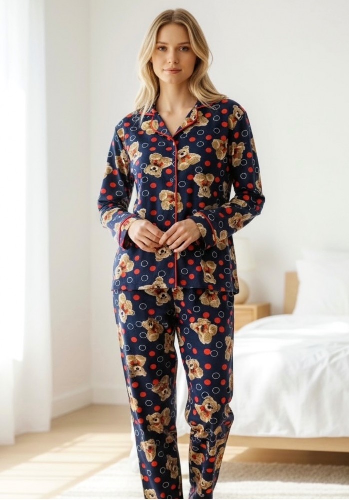 Pijama dama ieftina bumbac pufoasa lunga cu bluza bleumarin si pantaloni lungi cu imprimeu ursuleti buline