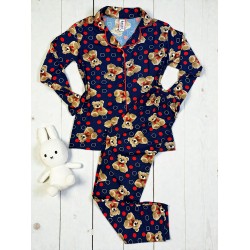 Pijama dama ieftina bumbac pufoasa lunga cu bluza bleumarin si pantaloni lungi cu imprimeu ursuleti buline