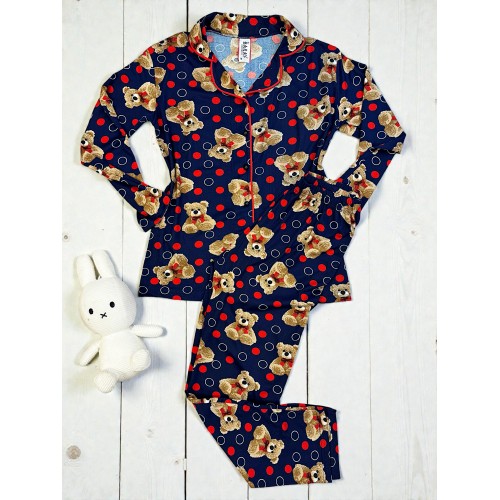 Pijama dama ieftina bumbac pufoasa lunga cu bluza bleumarin si pantaloni lungi cu imprimeu ursuleti buline