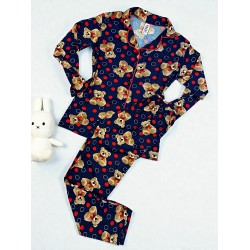 Pijama dama ieftina bumbac pufoasa lunga cu bluza bleumarin si pantaloni lungi cu imprimeu ursuleti buline