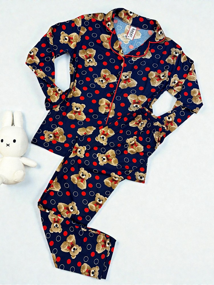 Pijama dama ieftina bumbac pufoasa lunga cu bluza bleumarin si pantaloni lungi cu imprimeu ursuleti buline