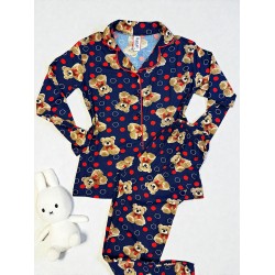 Pijama dama ieftina bumbac pufoasa lunga cu bluza bleumarin si pantaloni lungi cu imprimeu ursuleti buline