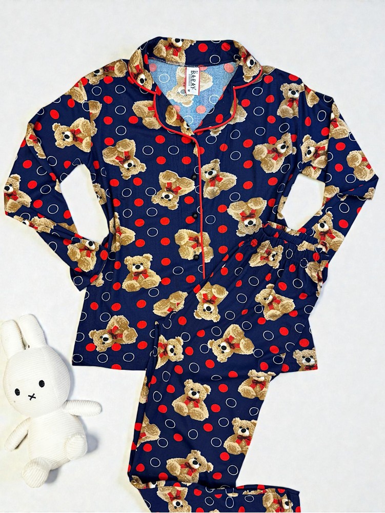 Pijama dama ieftina bumbac pufoasa lunga cu bluza bleumarin si pantaloni lungi cu imprimeu ursuleti buline