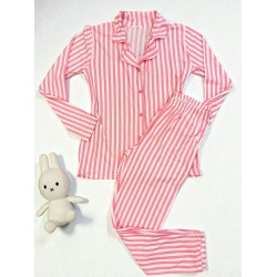 Pijama dama ieftina bumbac pufoasa lunga cu bluza roz si pantaloni lungi cu imprimeu dungi roz cu alb