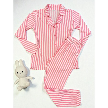 Pijama dama ieftina bumbac pufoasa lunga cu bluza roz si pantaloni lungi cu imprimeu dungi roz cu alb