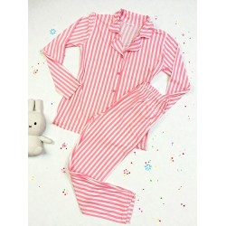Pijama dama ieftina bumbac pufoasa lunga cu bluza roz si pantaloni lungi cu imprimeu dungi roz cu alb