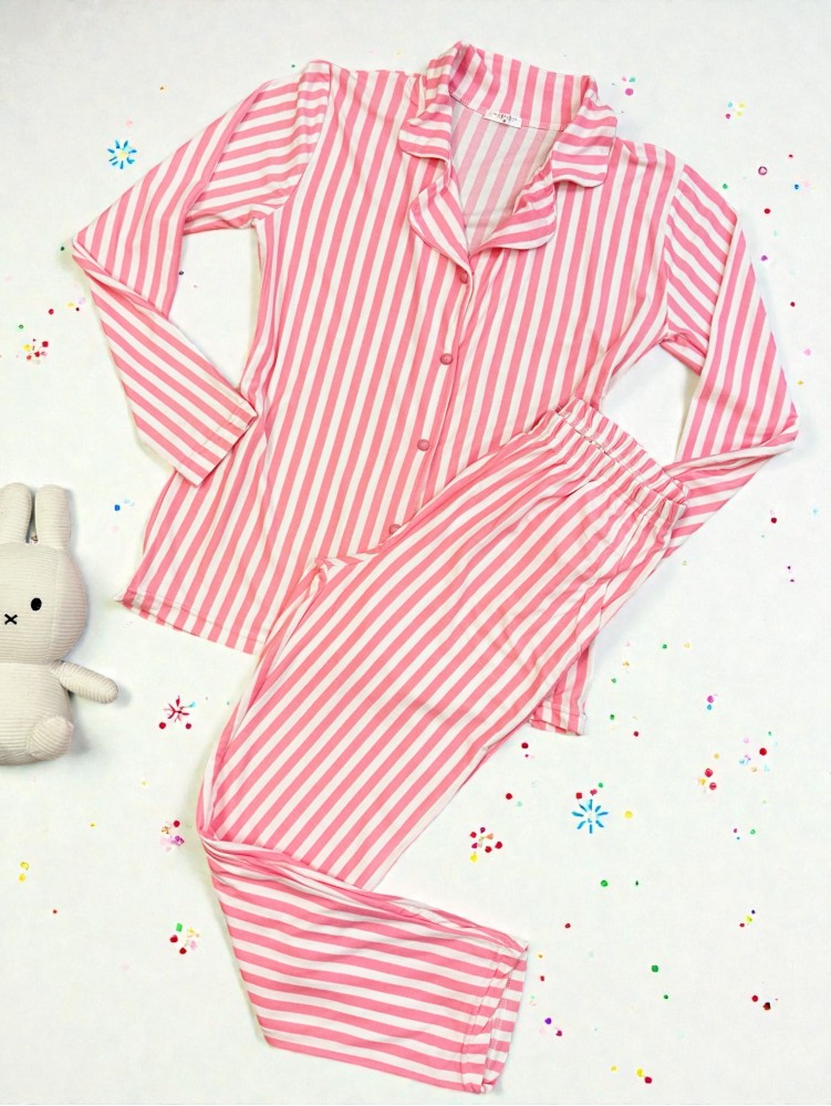 Pijama dama ieftina bumbac pufoasa lunga cu bluza roz si pantaloni lungi cu imprimeu dungi roz cu alb
