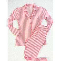 Pijama dama ieftina bumbac pufoasa lunga cu bluza roz si pantaloni lungi cu imprimeu dungi roz cu alb